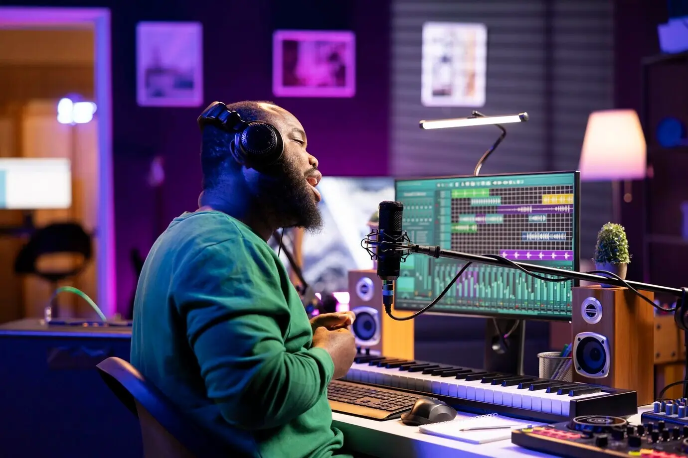 В домашней студии музыкант-мужчина записывает на микрофон новую песню.