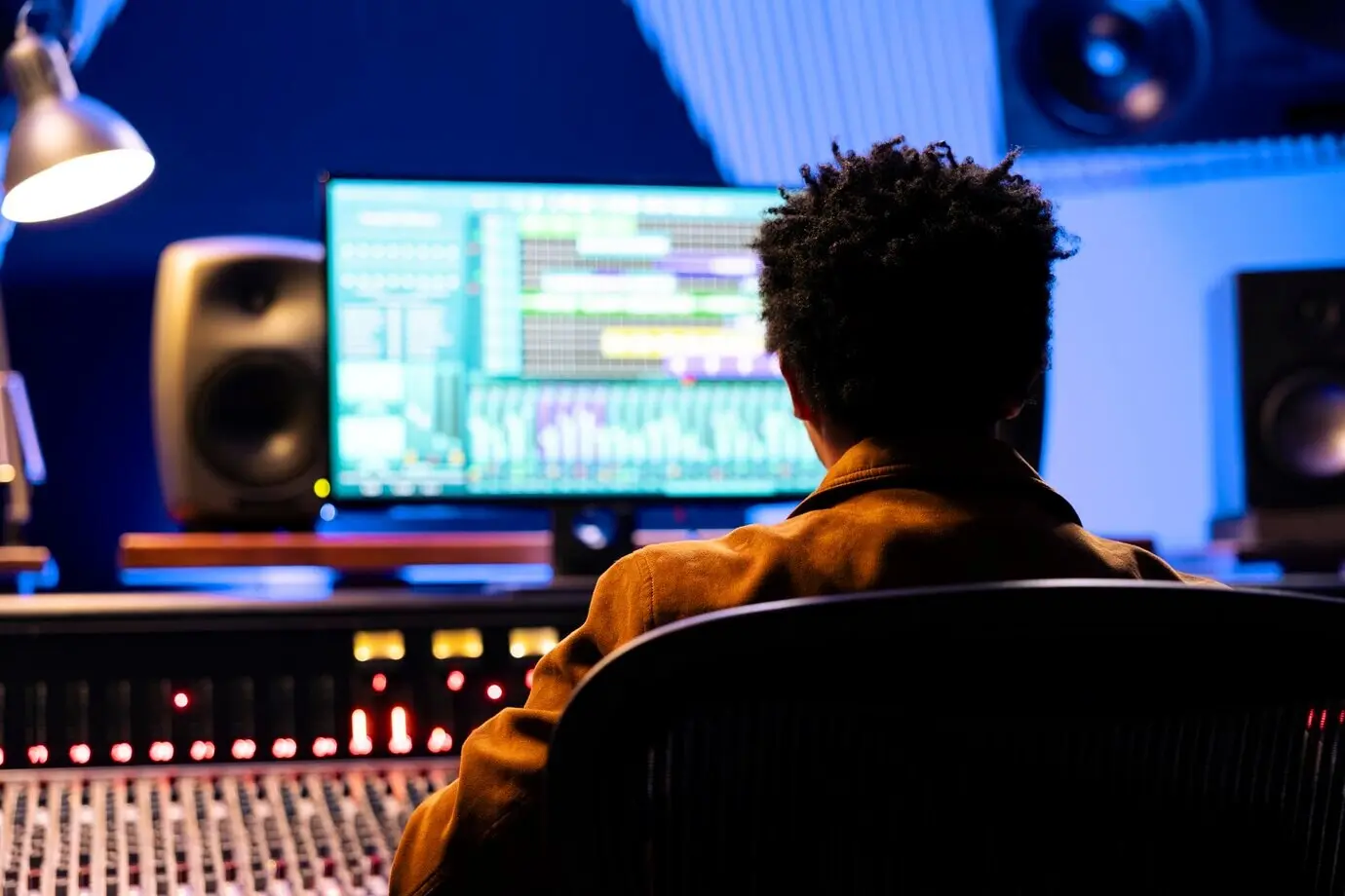 Афроамериканский композитор, работающий над звукозаписями, проводит сведение и мастеринг песен с помощью аудиопрограммного обеспечения.