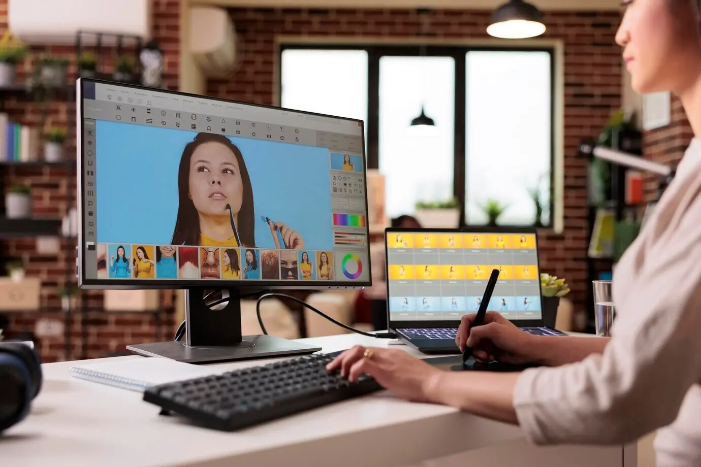 Азиатский фотограф редактирует изображение на компьютере с помощью программного обеспечения для ретуши. Работает в интерфейсе ретушёра, выполняя цветокоррекцию и настройку визуального контраста художественной фотографии для мультимедийного производства.