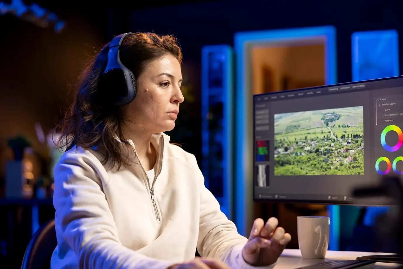 Сотрудник студии постпродакшна работает с исходным видеоматериалом, слушая музыку.