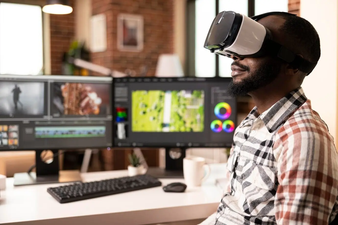 Чернокожий мужчина-видеомонтажёр с помощью инструментов дополненной реальности и VR-гарнитуры проверяет цвет и тон ...