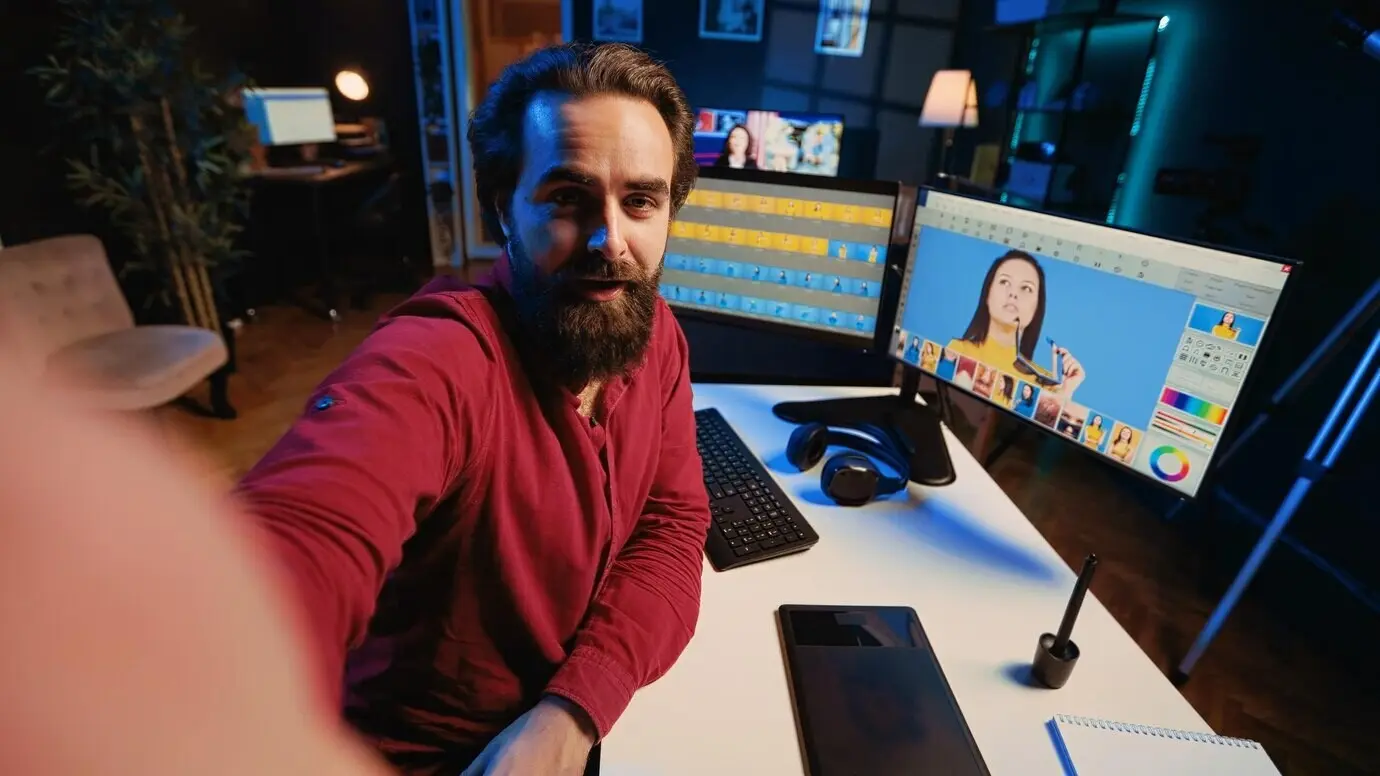 Видеооператор записывает обучающий ролик на селфи-камеру смартфона, рассказывая о повышении качества видео с помощью мастерских приемов монтажа; инфлюенсер снимает руководство по постпродакшену в формате POV-съемки на телефон.