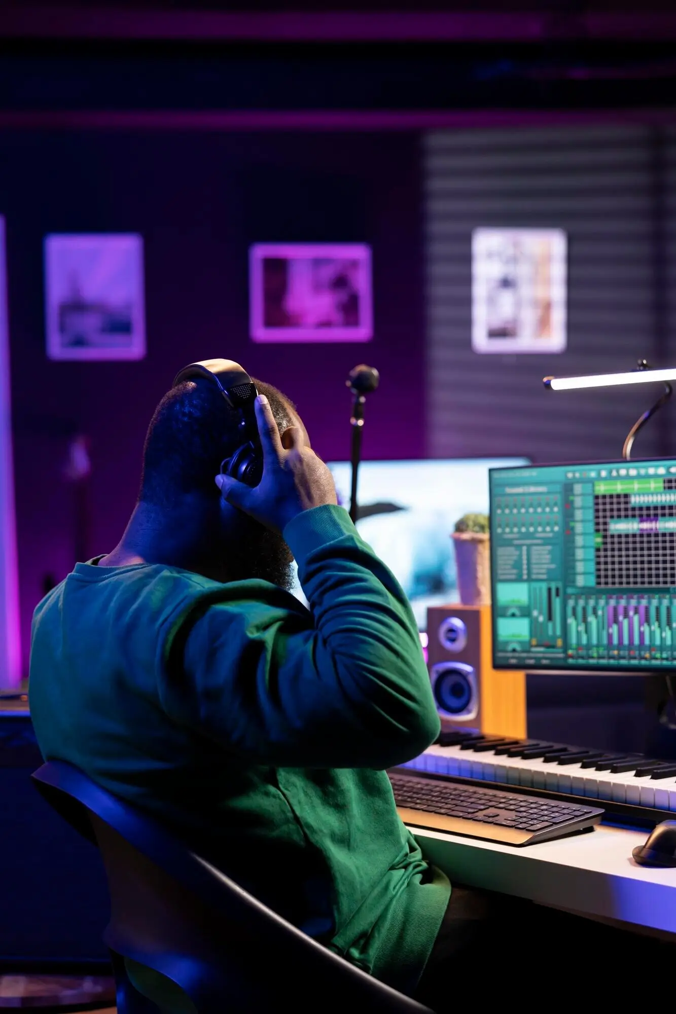 Музыкант играет на клавишах пианино и занимается редактированием для улучшения качества звука.